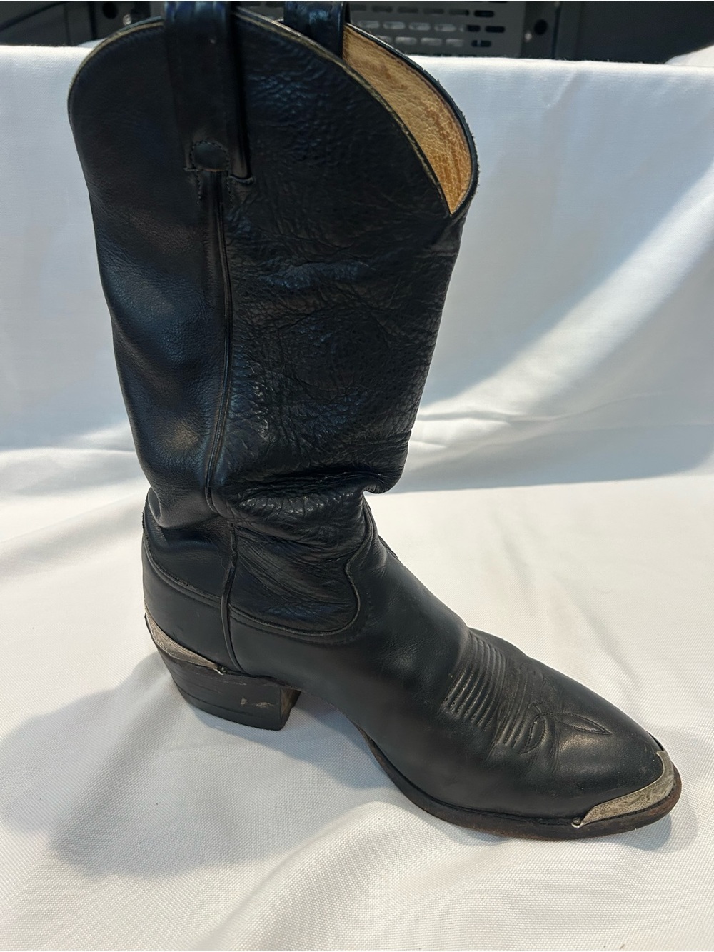 Vintage Tony Lama Black Leather Cowboy Boots with Tan Liner and Metal Toes/Tips
